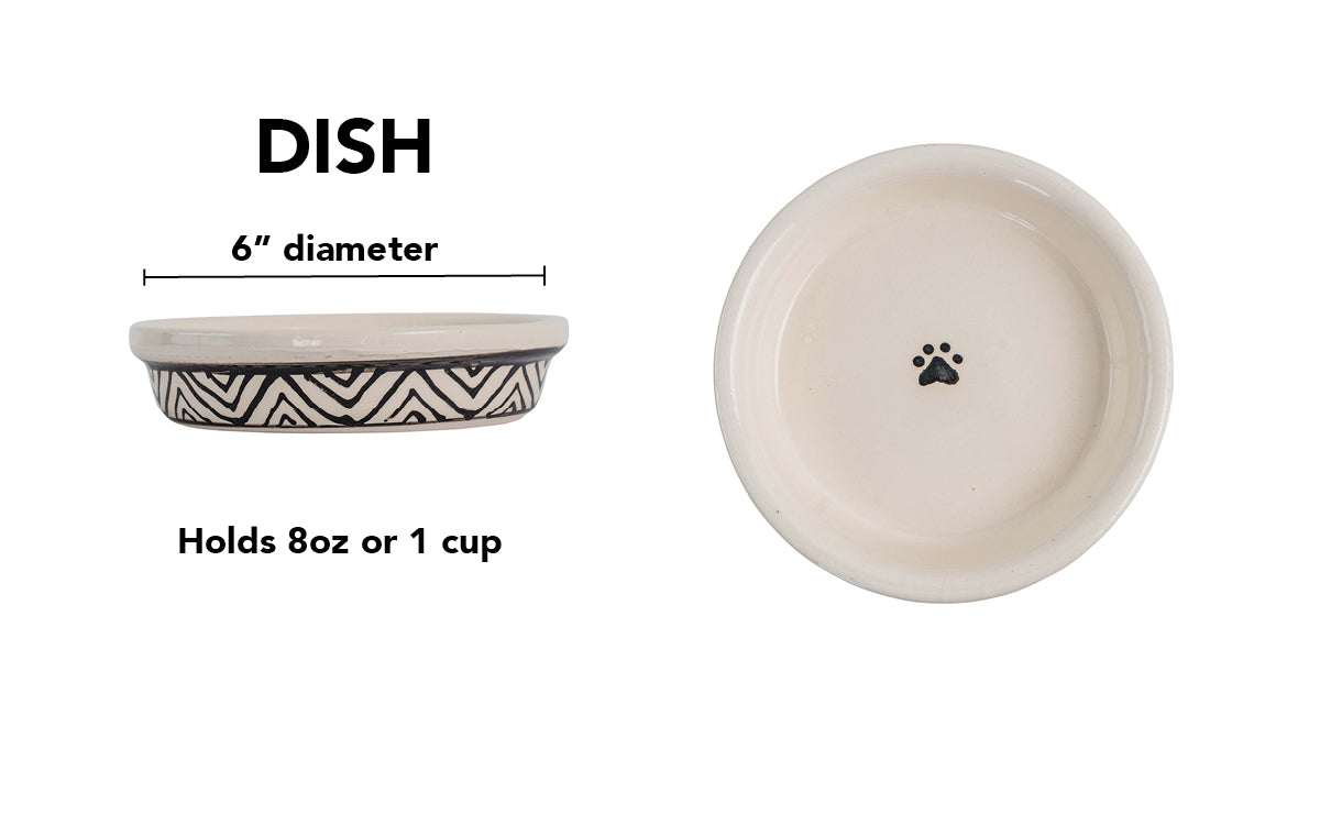 Boho Vibes Collection - Handmade Ceramic Pet Bowl with Black Design on White Clay