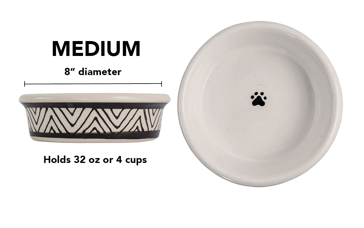 Boho Vibes Collection - Handmade Ceramic Pet Bowl with Black Design on White Clay