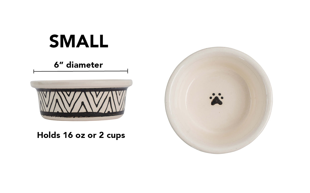 Boho Vibes Collection - Handmade Ceramic Pet Bowl with Black Design on White Clay
