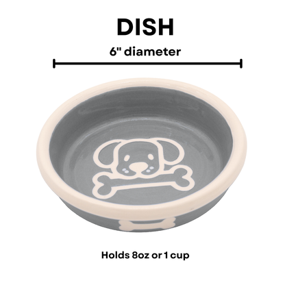 The Bow Wow Collection - Handmade Ceramic Pet Bowl with Custom Color and White Outline Dog Image with Bone