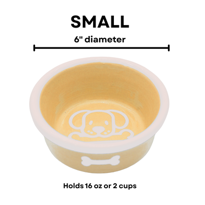 The Bow Wow Collection - Handmade Ceramic Pet Bowl with Custom Color and White Outline Dog Image with Bone