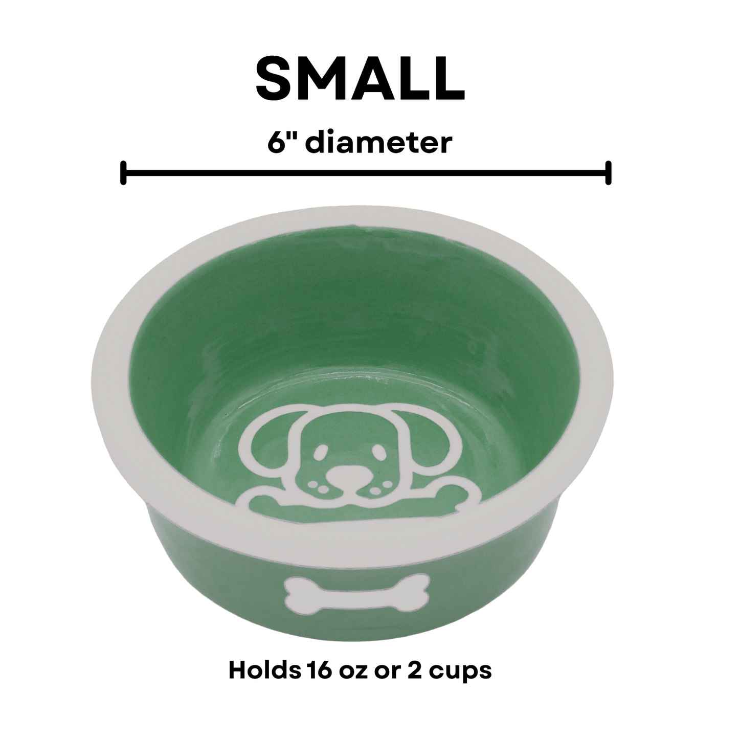 The Bow Wow Collection - Handmade Ceramic Pet Bowl with Custom Color and White Outline Dog Image with Bone