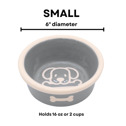 The Bow Wow Collection - Handmade Ceramic Pet Bowl with Custom Color and White Outline Dog Image with Bone