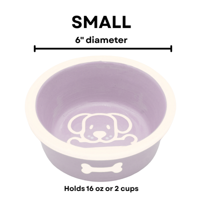 The Bow Wow Collection - Handmade Ceramic Pet Bowl with Custom Color and White Outline Dog Image with Bone