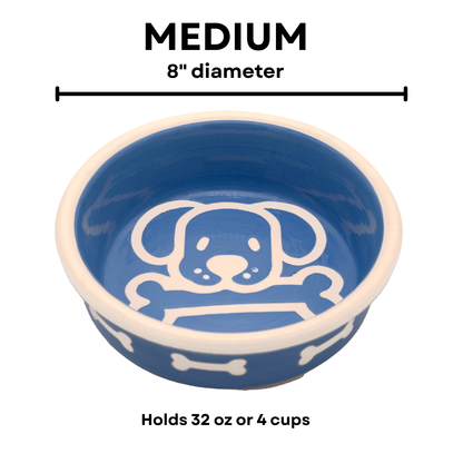 The Bow Wow Collection - Handmade Ceramic Pet Bowl with Custom Color and White Outline Dog Image with Bone