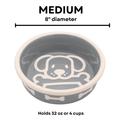 The Bow Wow Collection - Handmade Ceramic Pet Bowl with Custom Color and White Outline Dog Image with Bone