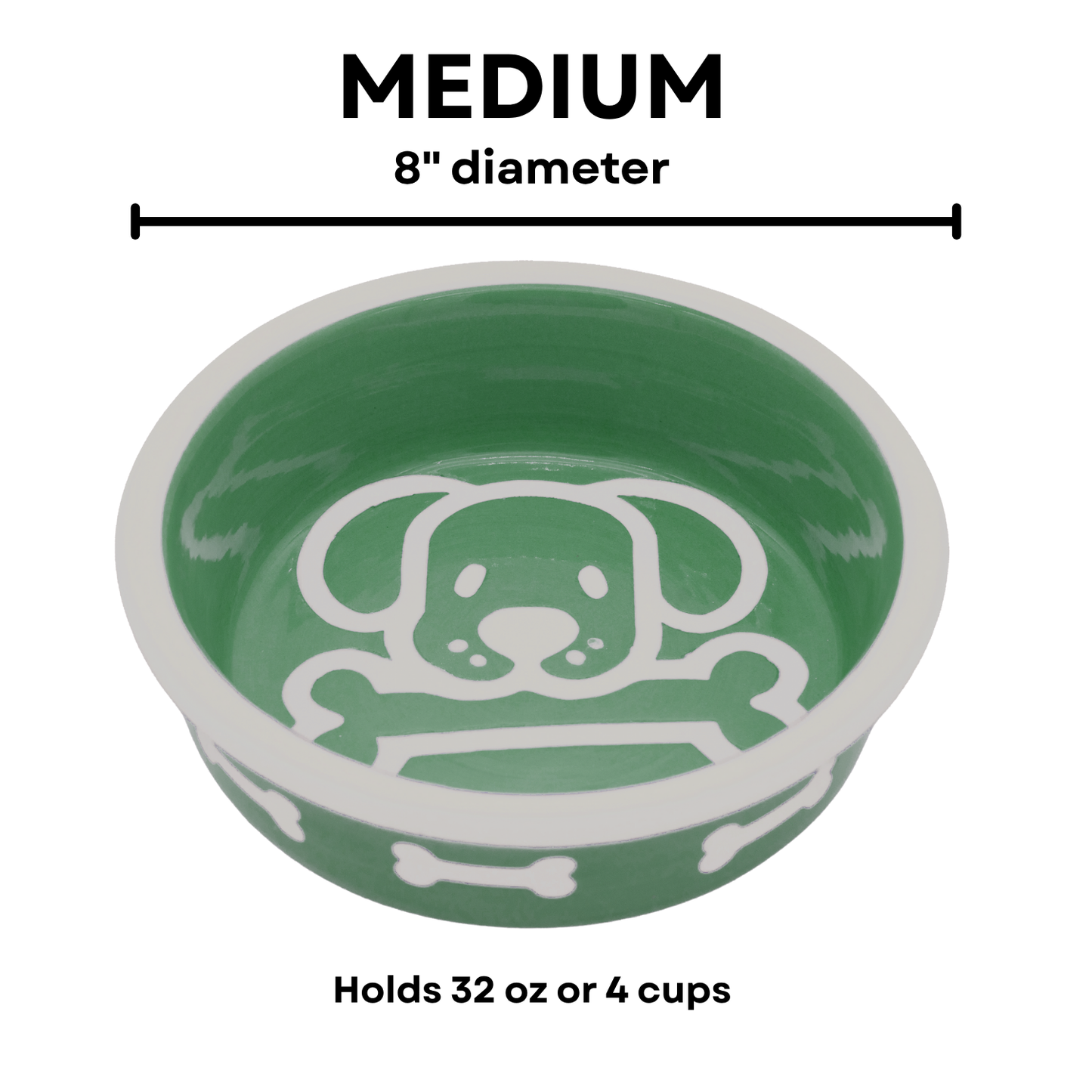 The Bow Wow Collection - Handmade Ceramic Pet Bowl with Custom Color and White Outline Dog Image with Bone