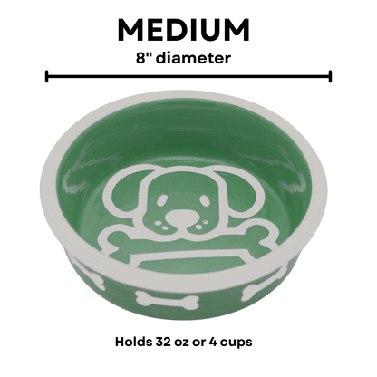 The Bow Wow Collection - Handmade Ceramic Pet Bowl with Custom Color and White Outline Dog Image with Bone