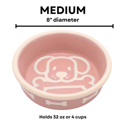 The Bow Wow Collection - Handmade Ceramic Pet Bowl with Custom Color and White Outline Dog Image with Bone