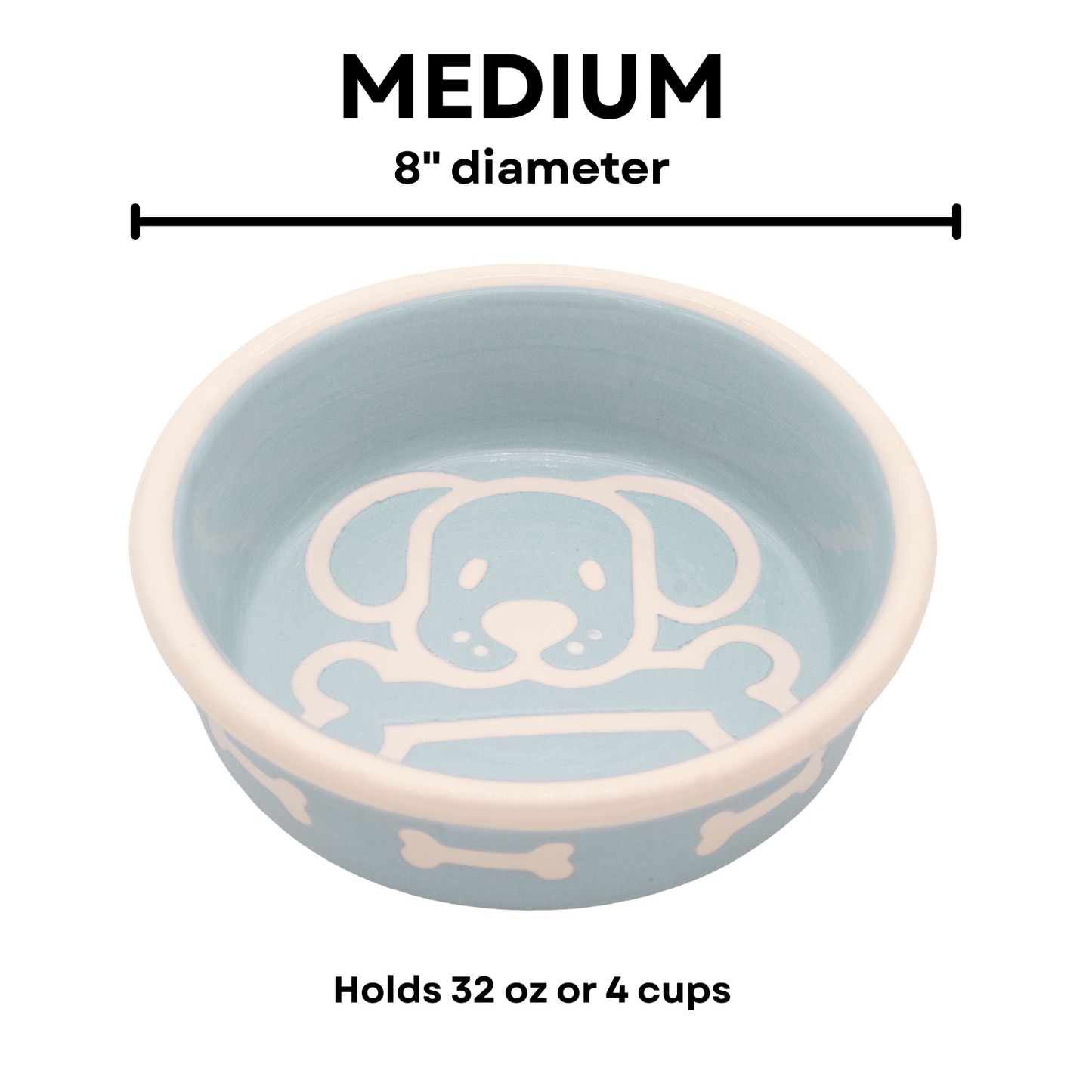 The Bow Wow Collection - Handmade Ceramic Pet Bowl with Custom Color and White Outline Dog Image with Bone
