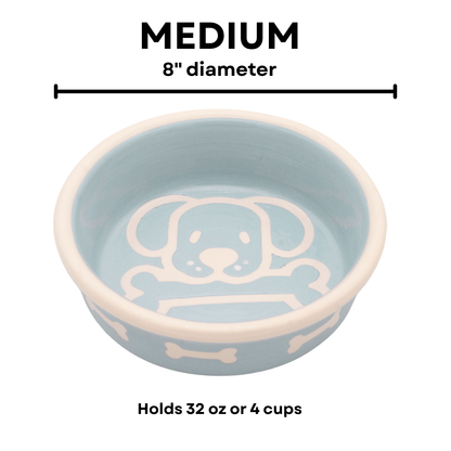 The Bow Wow Collection - Handmade Ceramic Pet Bowl with Custom Color and White Outline Dog Image with Bone