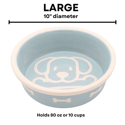 The Bow Wow Collection - Handmade Ceramic Pet Bowl with Custom Color and White Outline Dog Image with Bone