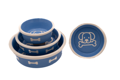 The Bow Wow Collection - Handmade Ceramic Pet Bowl with Custom Color and White Outline Dog Image with Bone
