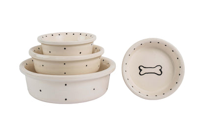 Spot & Bone Collection - Handmade Ceramic Pet Bowl with Black Design on White Clay