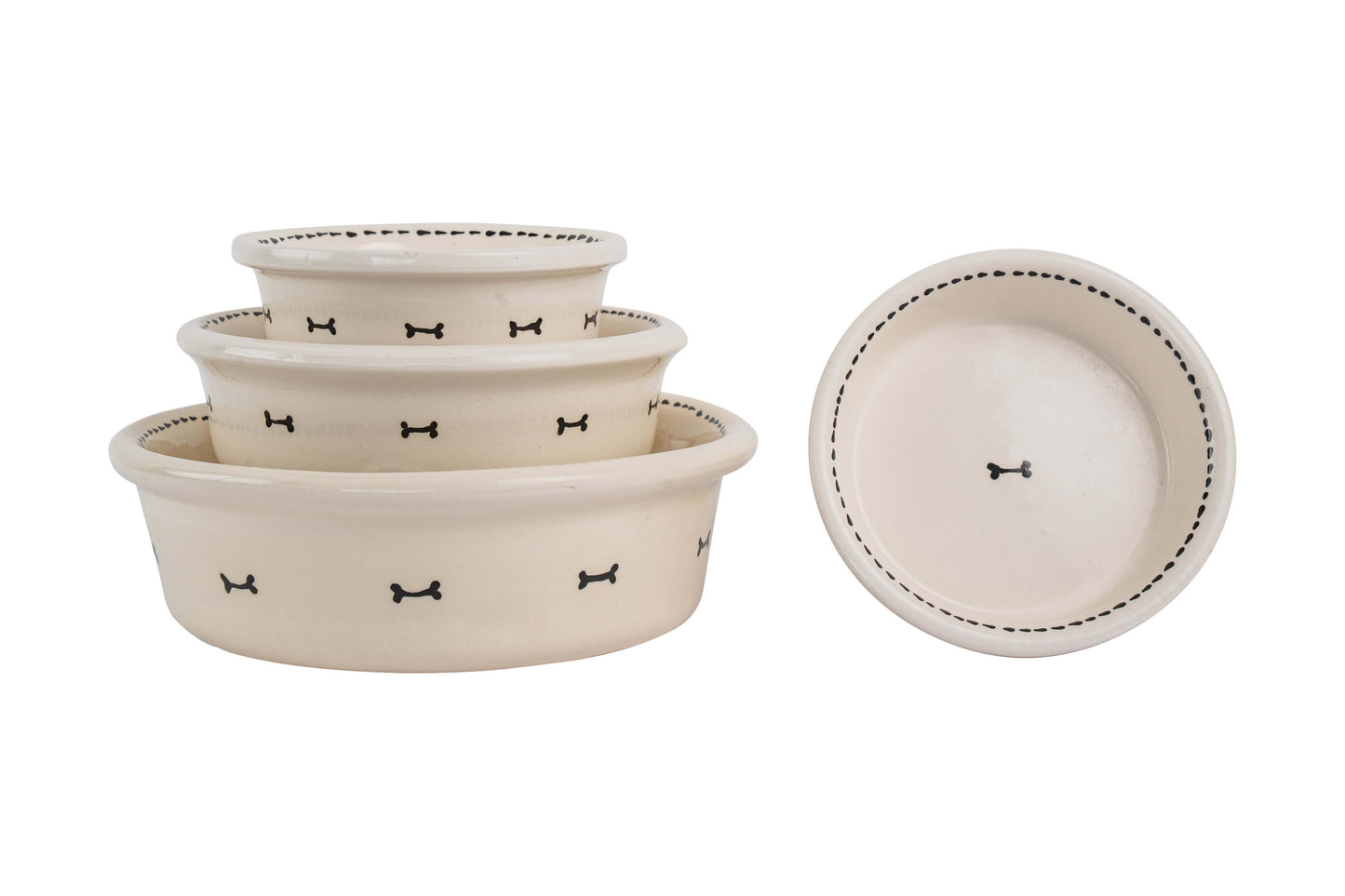 Bone & Stitch Collection - Handmade Ceramic Pet Bowl with Black Design on White Clay