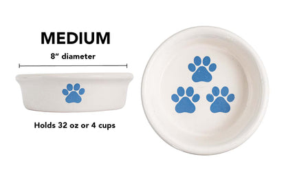Pawsome Collection (Alternate) - Handmade Ceramic Pet Bowl with Colored Paw Prints on White Clay