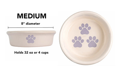 Pawsome Collection (Alternate) - Handmade Ceramic Pet Bowl with Colored Paw Prints on White Clay