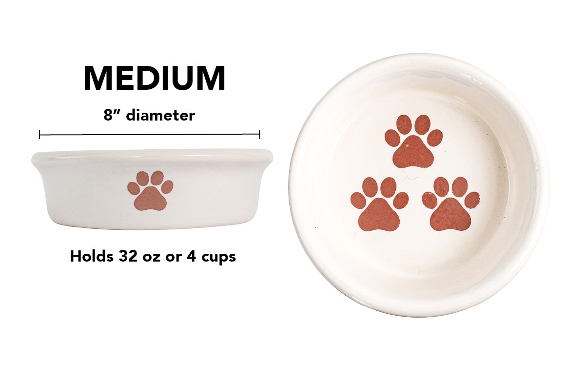 Pawsome Collection (Alternate) - Handmade Ceramic Pet Bowl with Colored Paw Prints on White Clay