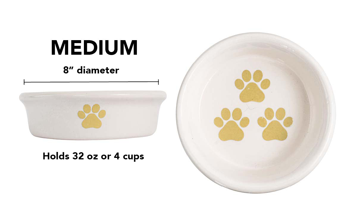 Pawsome Collection (Alternate) - Handmade Ceramic Pet Bowl with Colored Paw Prints on White Clay