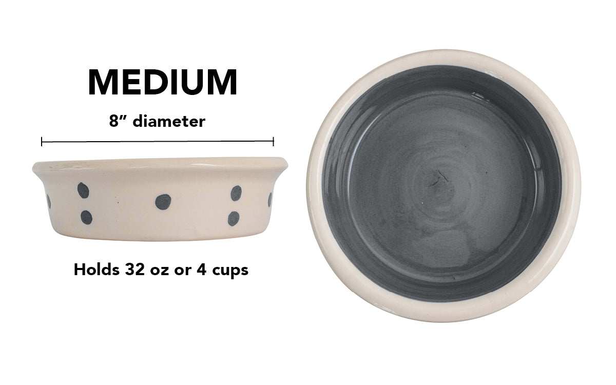 Spot On Collection - Handmade Ceramic Pet Bowl with Solid Color Interior and Dots on the Outside