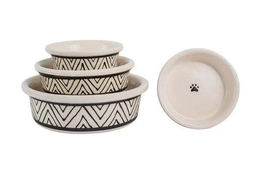 Boho Vibes Collection - Handmade Ceramic Pet Bowl with Black Design on White Clay