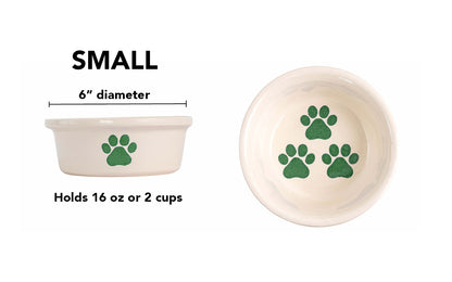 Pawsome Collection (Alternate) - Handmade Ceramic Pet Bowl with Colored Paw Prints on White Clay