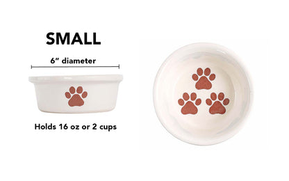 Pawsome Collection (Alternate) - Handmade Ceramic Pet Bowl with Colored Paw Prints on White Clay