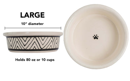Boho Vibes Collection - Handmade Ceramic Pet Bowl with Black Design on White Clay