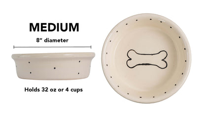 Spot & Bone Collection - Handmade Ceramic Pet Bowl with Black Design on White Clay