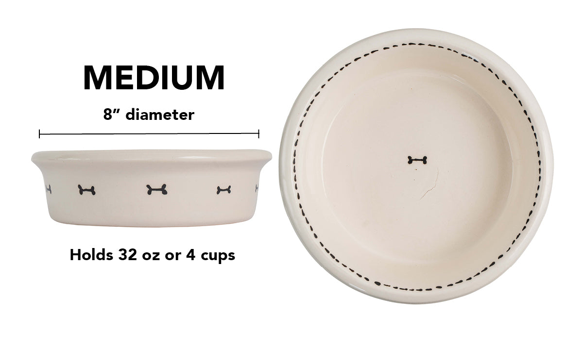Bone & Stitch Collection - Handmade Ceramic Pet Bowl with Black Design on White Clay