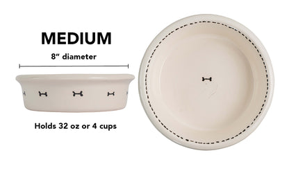 Bone & Stitch Collection - Handmade Ceramic Pet Bowl with Black Design on White Clay