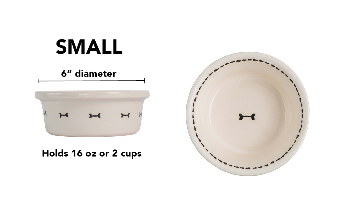 Bone & Stitch Collection - Handmade Ceramic Pet Bowl with Black Design on White Clay