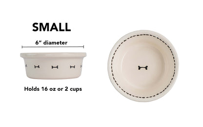 Bone & Stitch Collection - Handmade Ceramic Pet Bowl with Black Design on White Clay
