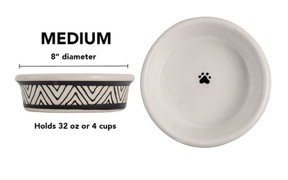 Boho Vibes Collection - Handmade Ceramic Pet Bowl with Black Design on White Clay